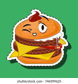 Sticker hamburger with a winking face. Smile with emotion "tricky" on a green background. Burger with lots of meat and mayonnaise. The contents of the burger superficially reflect the emotion. Vector