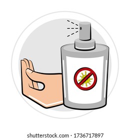 Pegatina del icono de pulverización de la mano y el frasco para eliminar el virus - Vector