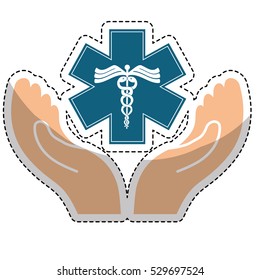 sticker of hand with caduceus medical symbol icon over white background. colorful design. vector illustration