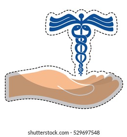 sticker of hand with caduceus medical symbol icon over white background. colorful design. vector illustration