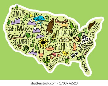 sticker Hand drawn doodle USA map with white stroke. Colored illustration of American city names lettering and cartoon landmarks, tourist attractions cliparts. US travel, trip comic infographic poster