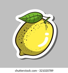Sticker with hand drawn lemon on the gray background. Vector illustration.