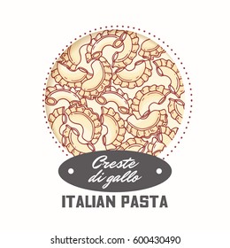 Sticker with hand drawn pasta creste di gallo isolated on white. Template for food package design. Vector illustration