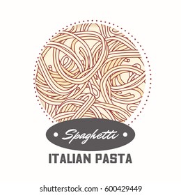 Sticker with hand drawn pasta spaghetti isolated on white. Template for food package design. Vector illustration