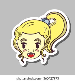 Sticker with hand drawn smiling girl. Vector illustration.