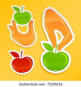 sticker with hand hold apple vector illustration