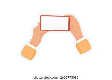 Sticker of hand hold phone. Graphic of user holding smartphone. Digital application displays mobile context, friendly visual style. Ideal for social media, online messaging, and promotion.