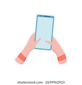 Sticker of hand holding phone. Graphic depicting a user gesture holding a smartphone. Digital application concept, simple style, suitable for online communication and media use.