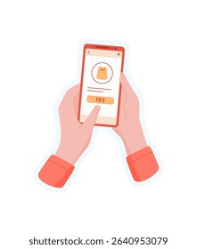 Sticker of hand holding phone. Illustration of a user holding a smartphone. Context payment app, digital concept, suitable for online commerce.
