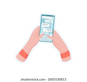 Sticker of hand holding phone. Image of smartphone with app for message and chat. Digital device, cool design, ideal for social media communication and online usage.