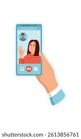Sticker of hand holding phone. Mobile telephone displays video chat app. Social communication concept, digital illustration, ideal for online media or technology usage.