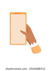 Sticker of hand holding phone. Template of smartphone held in a users palm. Digital application and gesture, modern screen for versatile use.