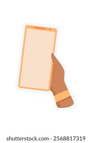 Sticker of hand holding phone. User interacts with smartphone using a gesture. Digital application in a simple format, ideal for mobile app marketing and online promotions.