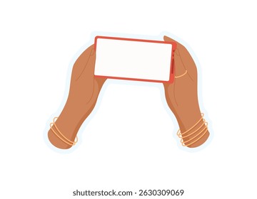 Sticker of hand holding phone. User using smartphone. Mobile device with blank screen, flat template for various applications.