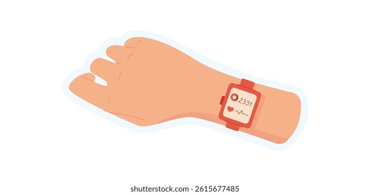 Sticker of hand holding watch. Mobile device displays app on screen. Technology concept, cartoon graphic style, suitable for media or digital communication purposes.