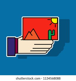 Sticker Hand holds photos icon . Multimedia, photo album app concept. Modern simple flat design for web banners, web site, infographics. Creative vector illustration