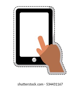 sticker of hand touching a smartphone device icon over white background. colorful design. vector illustration