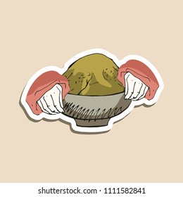 Sticker Hands are a cup of tea, dried grass. Colorful hand drawn vector stock illustration.