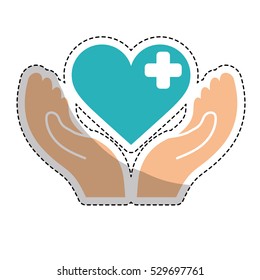 sticker of hands with  heart with cross icon over white background. colorful design. vector illustration
