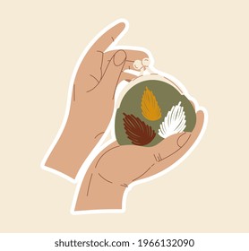 Sticker of hands holding small beautiful purse with sewing artwork of flowers. Concept of sewing or needlework stickers with fabric, yarns, dress, accessories. Flat cartoon vector illustration