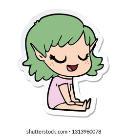 sticker of a happy cartoon elf girl sitting on floor