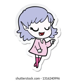 sticker of a happy cartoon elf girl pointing