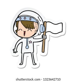 sticker of a happy cartoon space girl holding flag