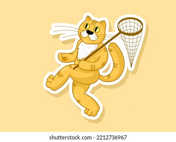 Sticker - a happy cat comes with a net. Vector flat illustration.