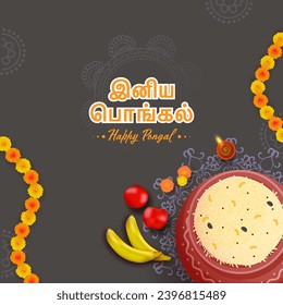 Sticker Happy Pongal Font Written in Tamil Language with Top View Of Pongal Rice In Mud Pot, Fruits, Lit Oil Lamp And Flower Garland on Grey Background.