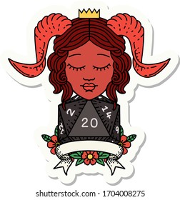 sticker of a happy tiefling with natural 20