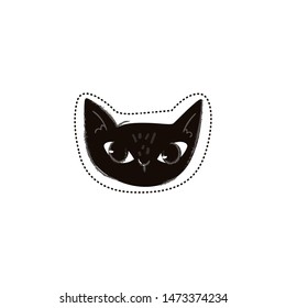 Sticker head of a black cat. Gothic black cat icon and sticker for trendy prints and posters. Isolated vector flat hand drawn illustration.
