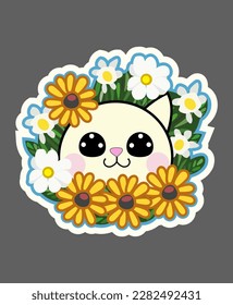 Sticker with the head of a cat with sunflowers on a blue background. Vector graphics