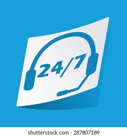 Sticker with headset image and text 24 per 7, isolated on blue