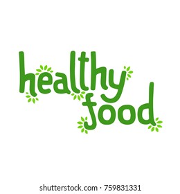 Sticker of healthy food for a vegan product, cafe, shop or restaurant. Vector lettering with leaves for eco organic diet 