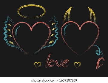 Sticker  with heart, angel, demon, surface design for   sign, icon, ticket, label, paper and scrapbook.  Vector.