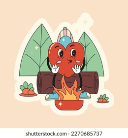 Sticker with a heart character sitting near the fire in the forest