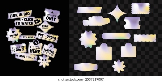 Sticker hologram emblem holographic label set. color neon stickers,Holographic label with tags. Social Media Set Sticker Vector. NOT AI GENERATED!.