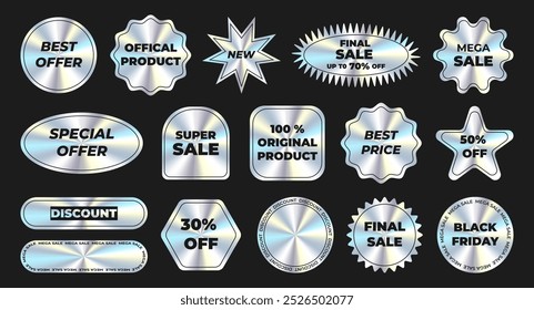 Aufkleber, Etikett, Anhänger mit holografischem Effekt. Hologramm verschiedene geometrische Formen. Satz von Emblemen mit Metall Textur Verkauf, Schwarz Freitag, 30% Rabatt, 50% Rabatt, 100% original, Angebot, Rabatt, Bester Preis.