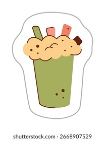 Adesivo com cacau quente com espuma. Ilustração clipart desenhada à mão colorida.