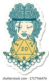 sticker of a human barbarian with natural twenty dice roll