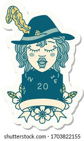 sticker of a human bard character with natural 20 dice roll