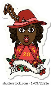 sticker of a human bard with natural 20 dice roll
