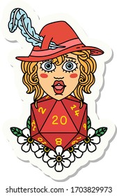 sticker of a human bard with natural 20 dice roll