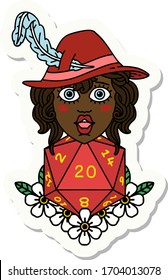 sticker of a human bard with natural 20 dice roll