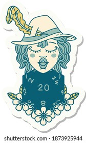 sticker of a human bard with natural 20 dice roll