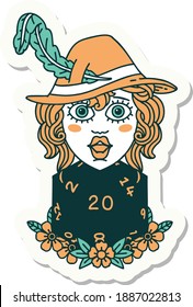 sticker of a human bard with natural 20 dice roll