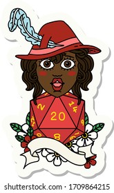 sticker of a human bard with natural twenty dice roll