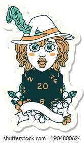 sticker of a human bard with natural twenty dice roll