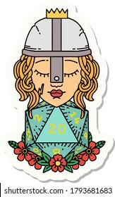 sticker of a human fighter with natural 20 D20 dice roll