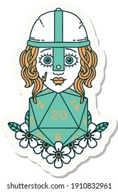 sticker of a human fighter with natural 20 D20 dice roll